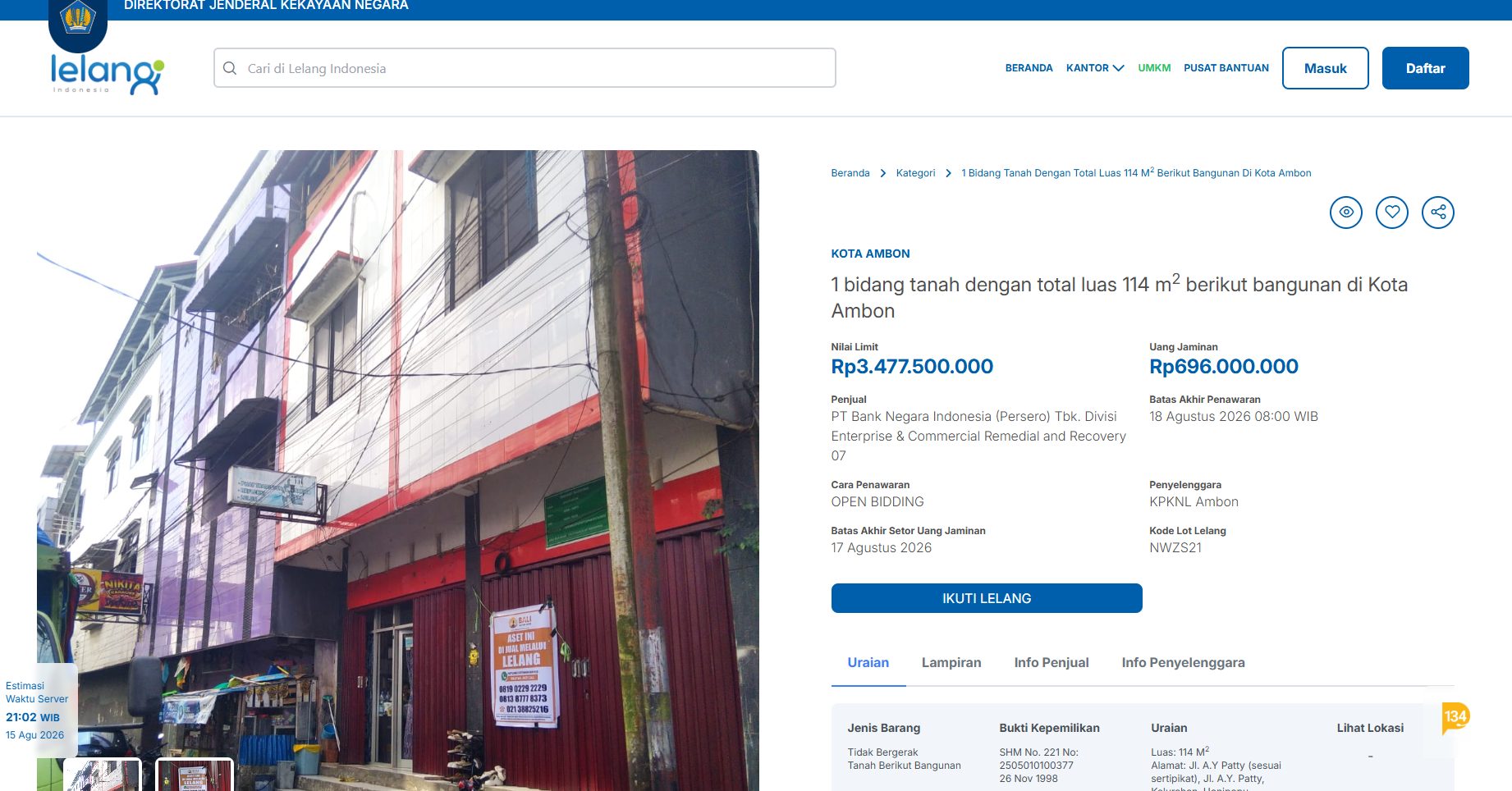 Detailed auction lot page and bidding information